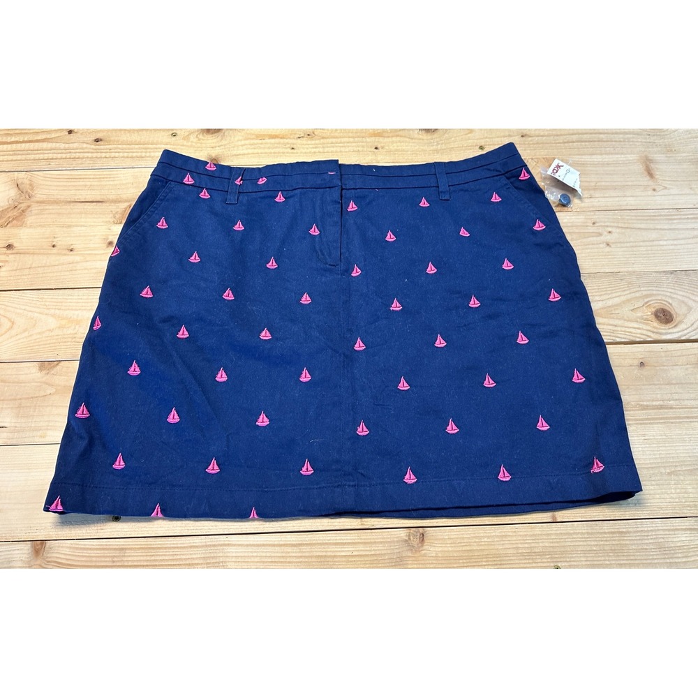 British Khaki Skirt Size‎ 14 Blue Pink Embroidered Sailboat Preppy Nautical